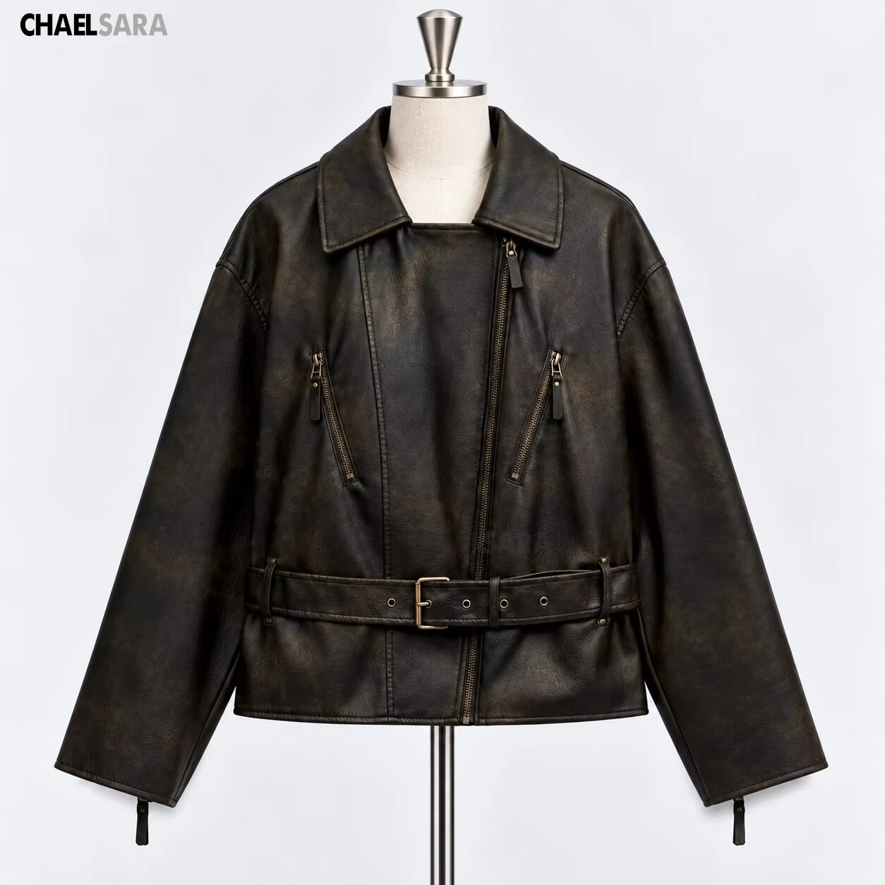 Women's High Quality 2026 Autumn New Fashion Vintage With Belt Faux Leather Jacket Coats Casual Zipper Ladies Biker Outerwear