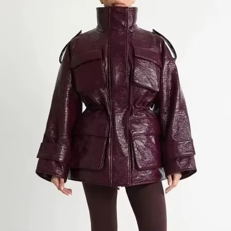 Women's Burgundy Faux Leather Jacket Zip Up High Neck Drawstring Waist Winter Warm Elegant Luxe Chic Outerwear