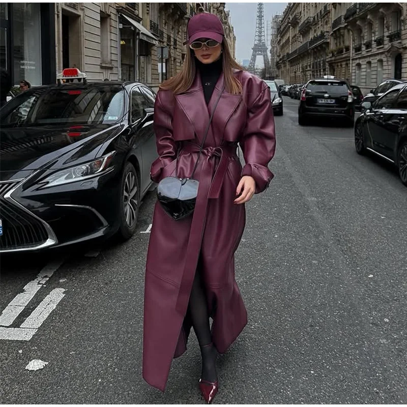 Fashion Belt Long Leather Coat Women Loose Lapel Full Sleeve Pocket Solid Overcoat 2026 Spring Autumn Lady Street Outwear New