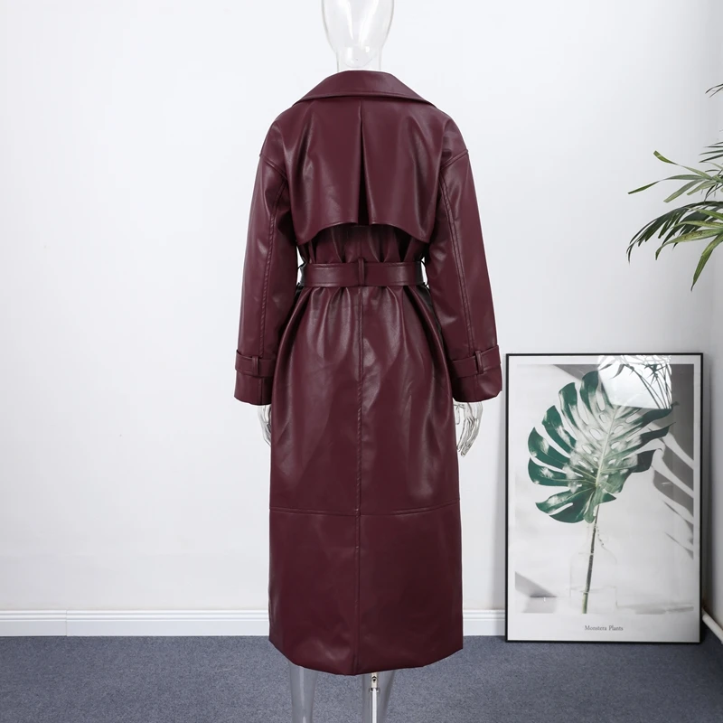 Fashion Belt Long Leather Coat Women Loose Lapel Full Sleeve Pocket Solid Overcoat 2026 Spring Autumn Lady Street Outwear New