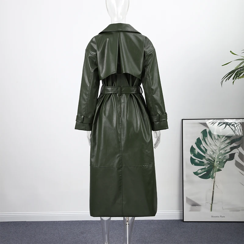 Fashion Belt Long Leather Coat Women Loose Lapel Full Sleeve Pocket Solid Overcoat 2026 Spring Autumn Lady Street Outwear New