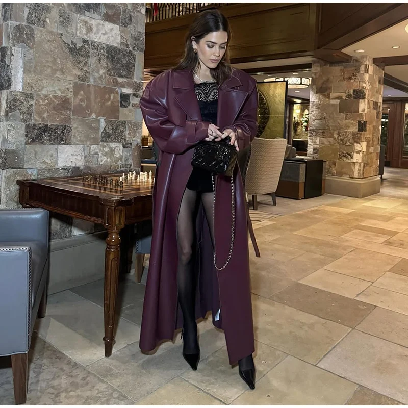 Fashion Belt Long Leather Coat Women Loose Lapel Full Sleeve Pocket Solid Overcoat 2026 Spring Autumn Lady Street Outwear New