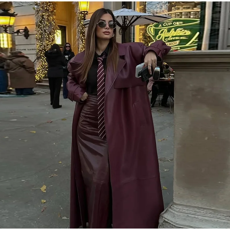 Fashion Belt Long Leather Coat Women Loose Lapel Full Sleeve Pocket Solid Overcoat 2026 Spring Autumn Lady Street Outwear New