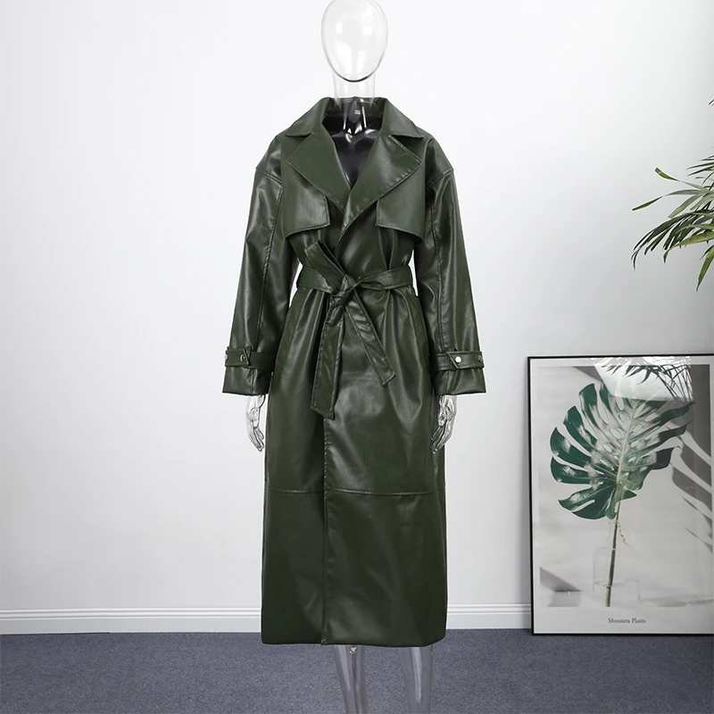 Fashion Belt Long Leather Coat Women Loose Lapel Full Sleeve Pocket Solid Overcoat 2026 Spring Autumn Lady Street Outwear New