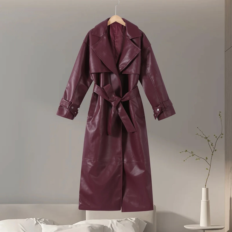 Fashion Belt Long Leather Coat Women Loose Lapel Full Sleeve Pocket Solid Overcoat 2026 Spring Autumn Lady Street Outwear New