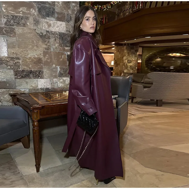 Fashion Belt Long Leather Coat Women Loose Lapel Full Sleeve Pocket Solid Overcoat 2026 Spring Autumn Lady Street Outwear New