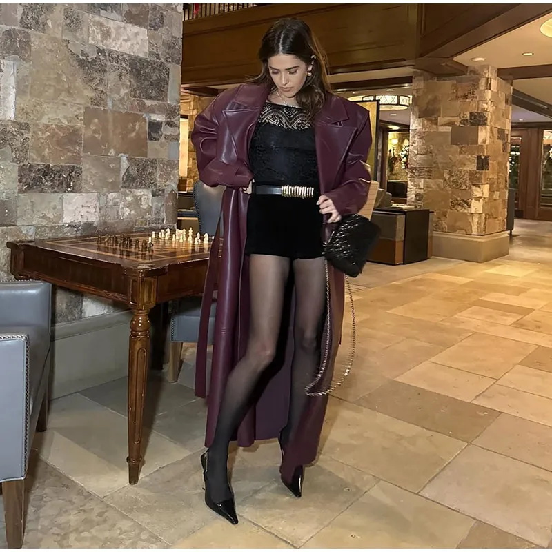 Fashion Belt Long Leather Coat Women Loose Lapel Full Sleeve Pocket Solid Overcoat 2026 Spring Autumn Lady Street Outwear New