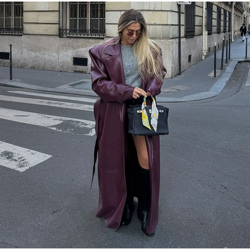 Fashion Belt Long Leather Coat Women Loose Lapel Full Sleeve Pocket Solid Overcoat 2026 Spring Autumn Lady Street Outwear New