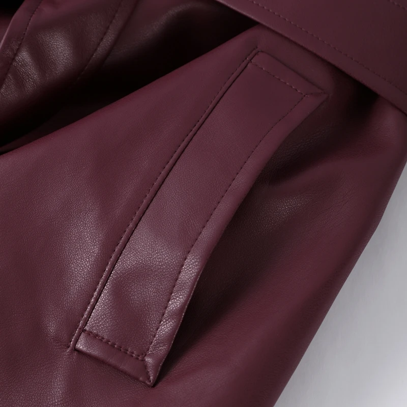 Fashion Belt Long Leather Coat Women Loose Lapel Full Sleeve Pocket Solid Overcoat 2026 Spring Autumn Lady Street Outwear New