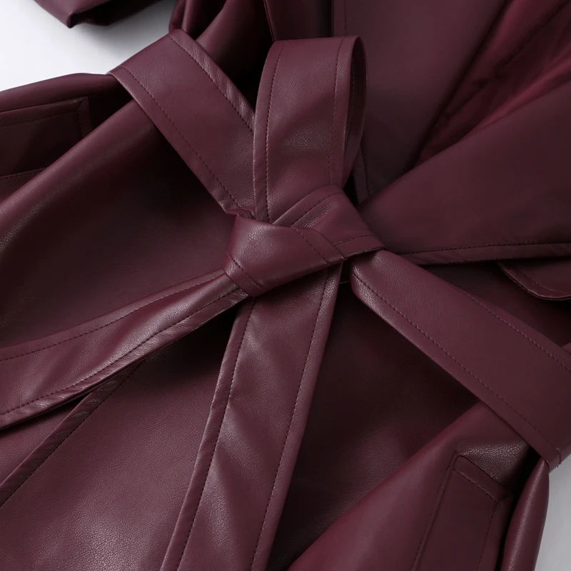 Fashion Belt Long Leather Coat Women Loose Lapel Full Sleeve Pocket Solid Overcoat 2026 Spring Autumn Lady Street Outwear New