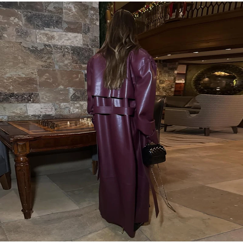 Fashion Belt Long Leather Coat Women Loose Lapel Full Sleeve Pocket Solid Overcoat 2026 Spring Autumn Lady Street Outwear New