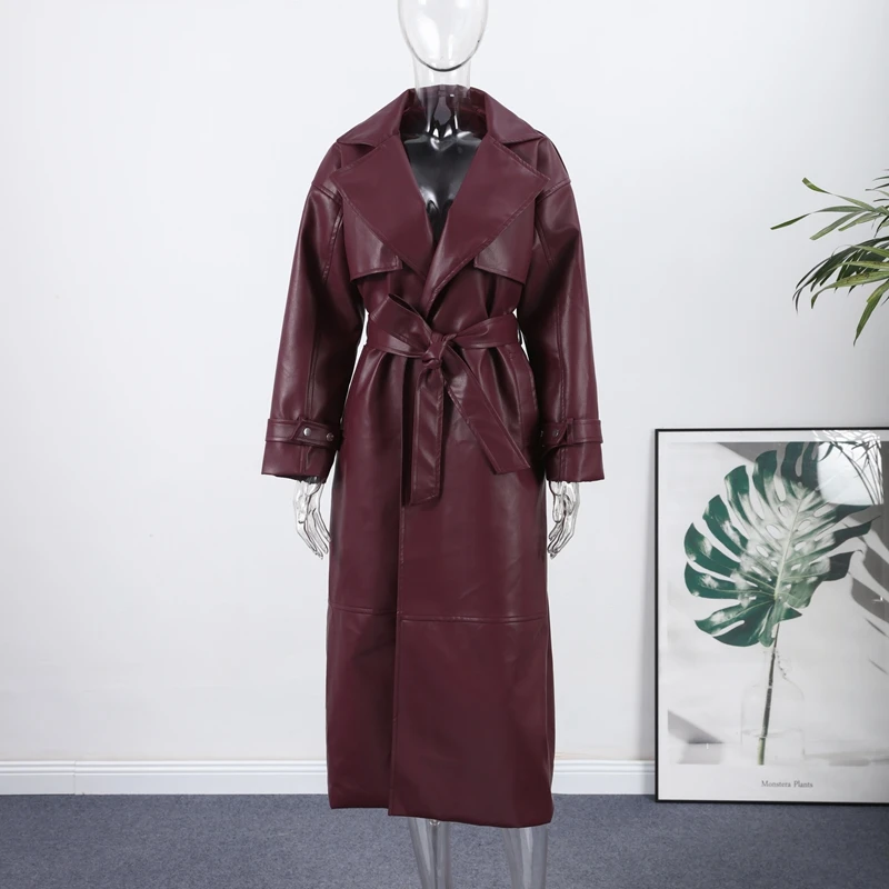 Fashion Belt Long Leather Coat Women Loose Lapel Full Sleeve Pocket Solid Overcoat 2026 Spring Autumn Lady Street Outwear New