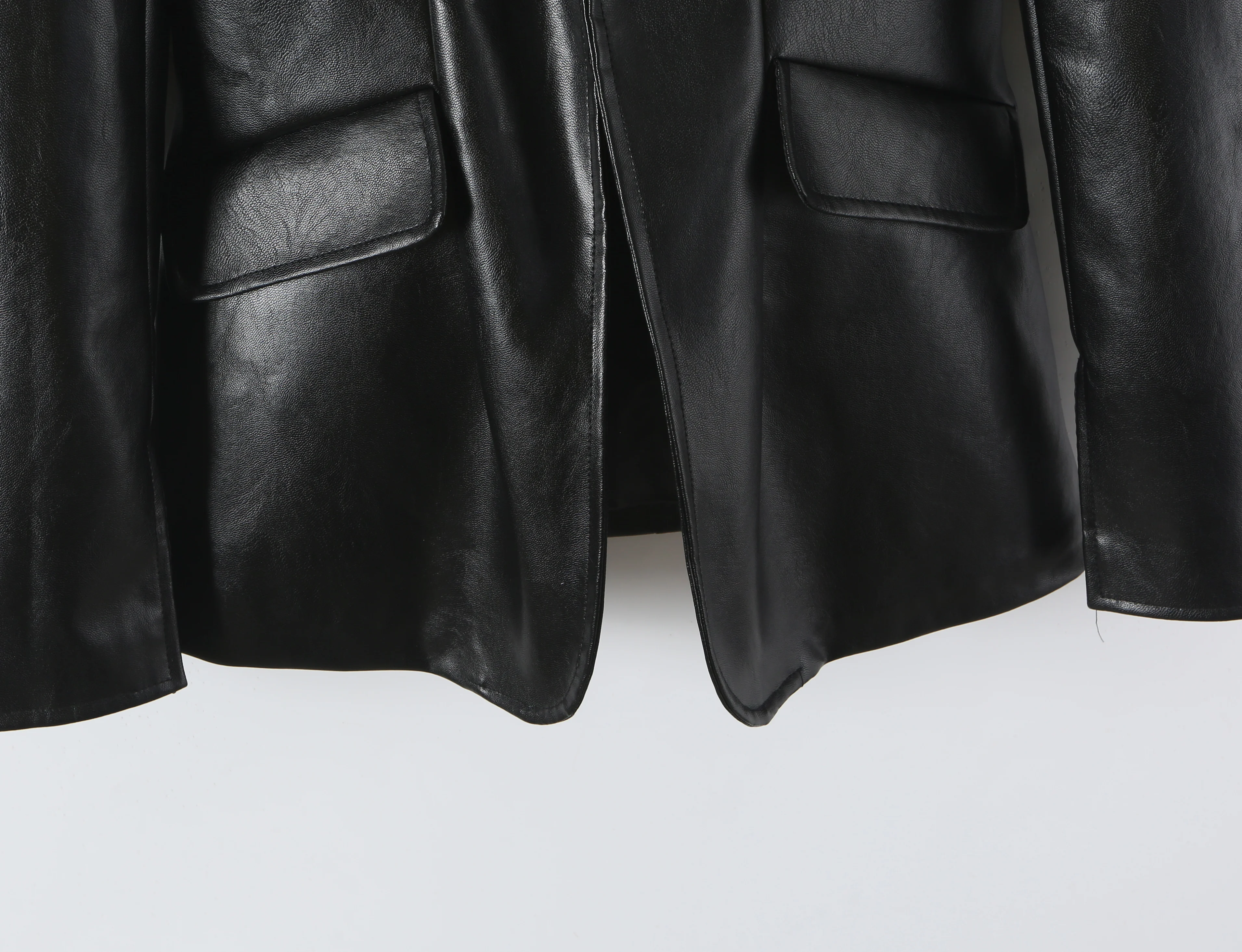 Autumn Women High Street Stand Collar Black PU Leather Blazer Slim Fit Front Hook Buttons Coat Outerwear