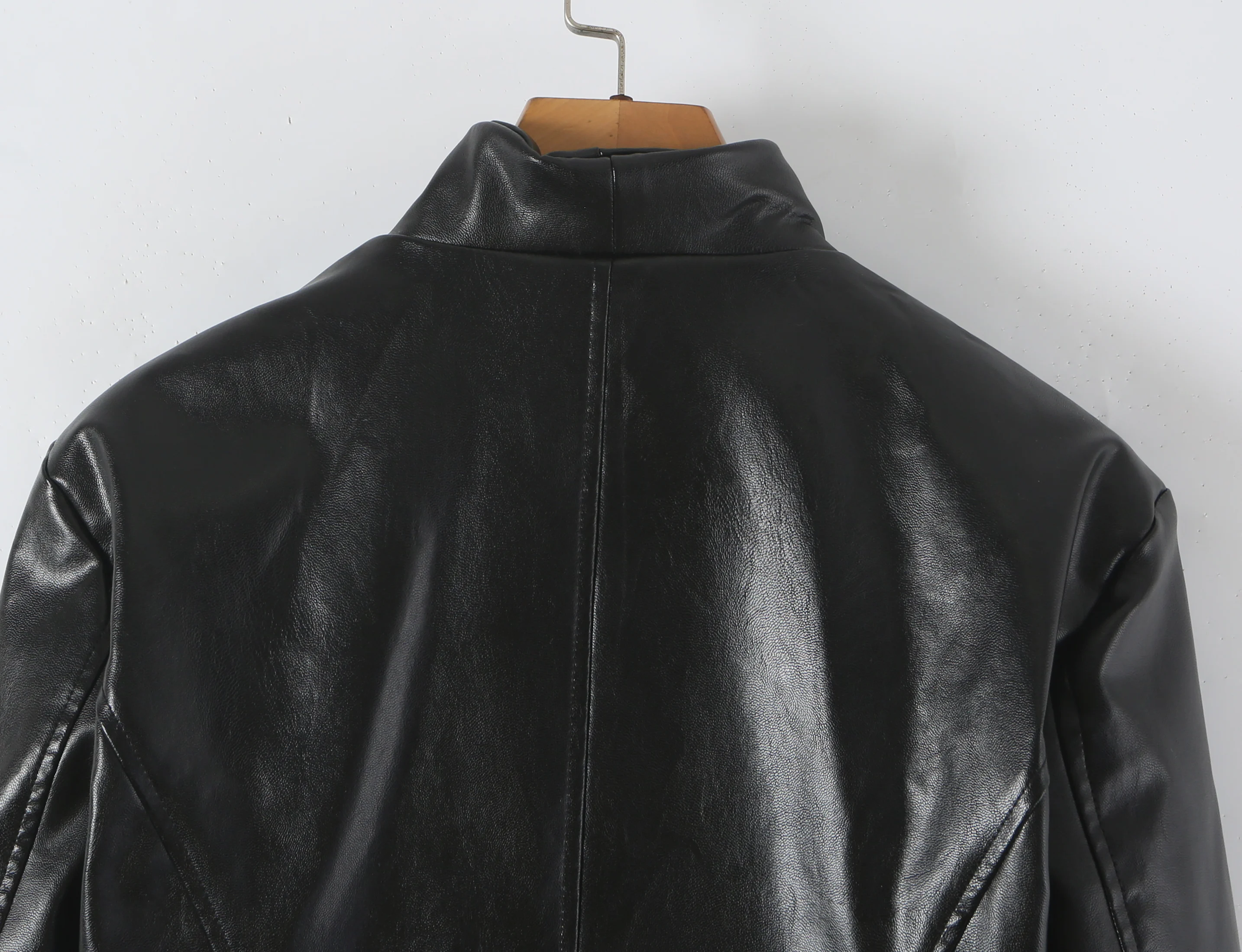 Autumn Women High Street Stand Collar Black PU Leather Blazer Slim Fit Front Hook Buttons Coat Outerwear