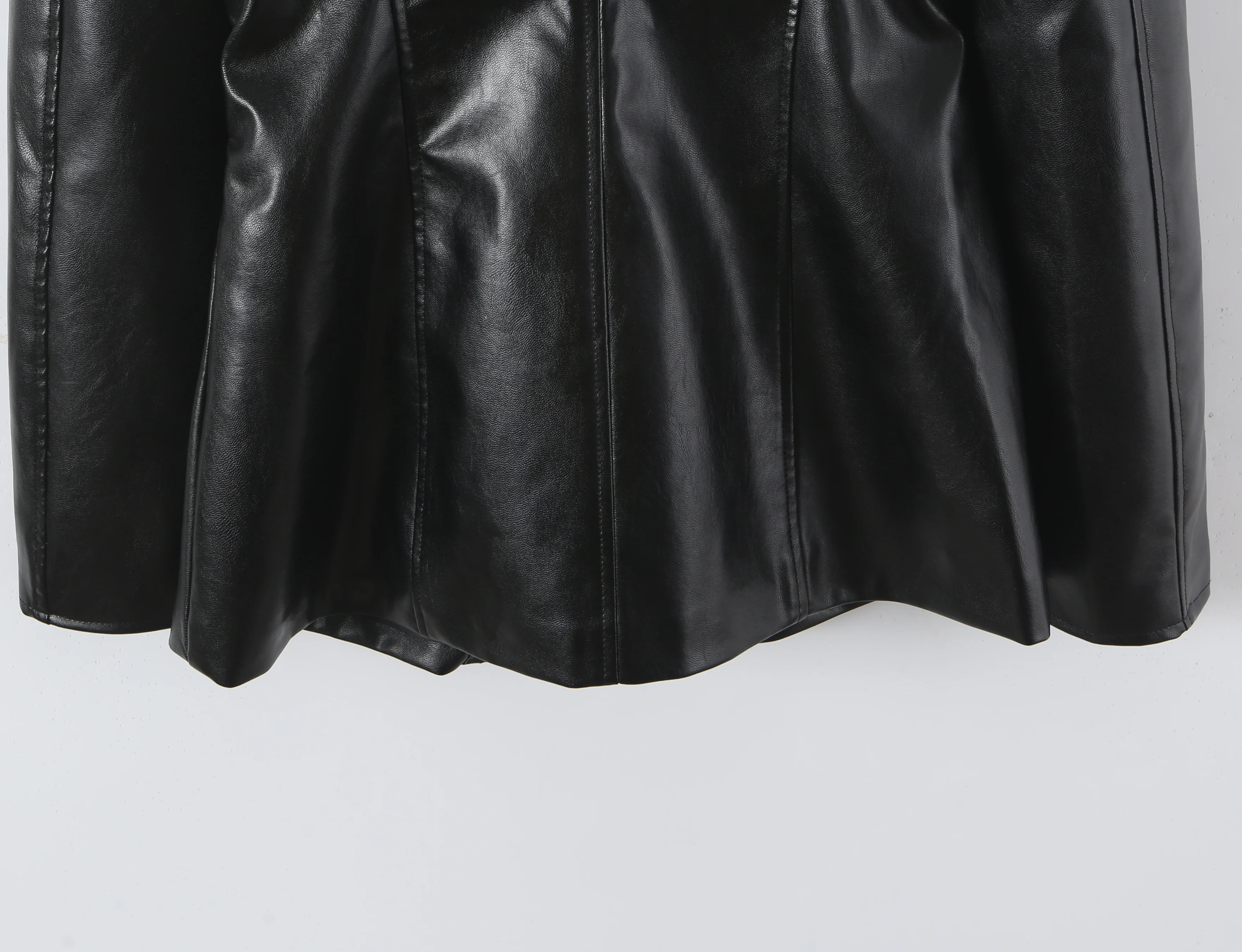 Autumn Women High Street Stand Collar Black PU Leather Blazer Slim Fit Front Hook Buttons Coat Outerwear