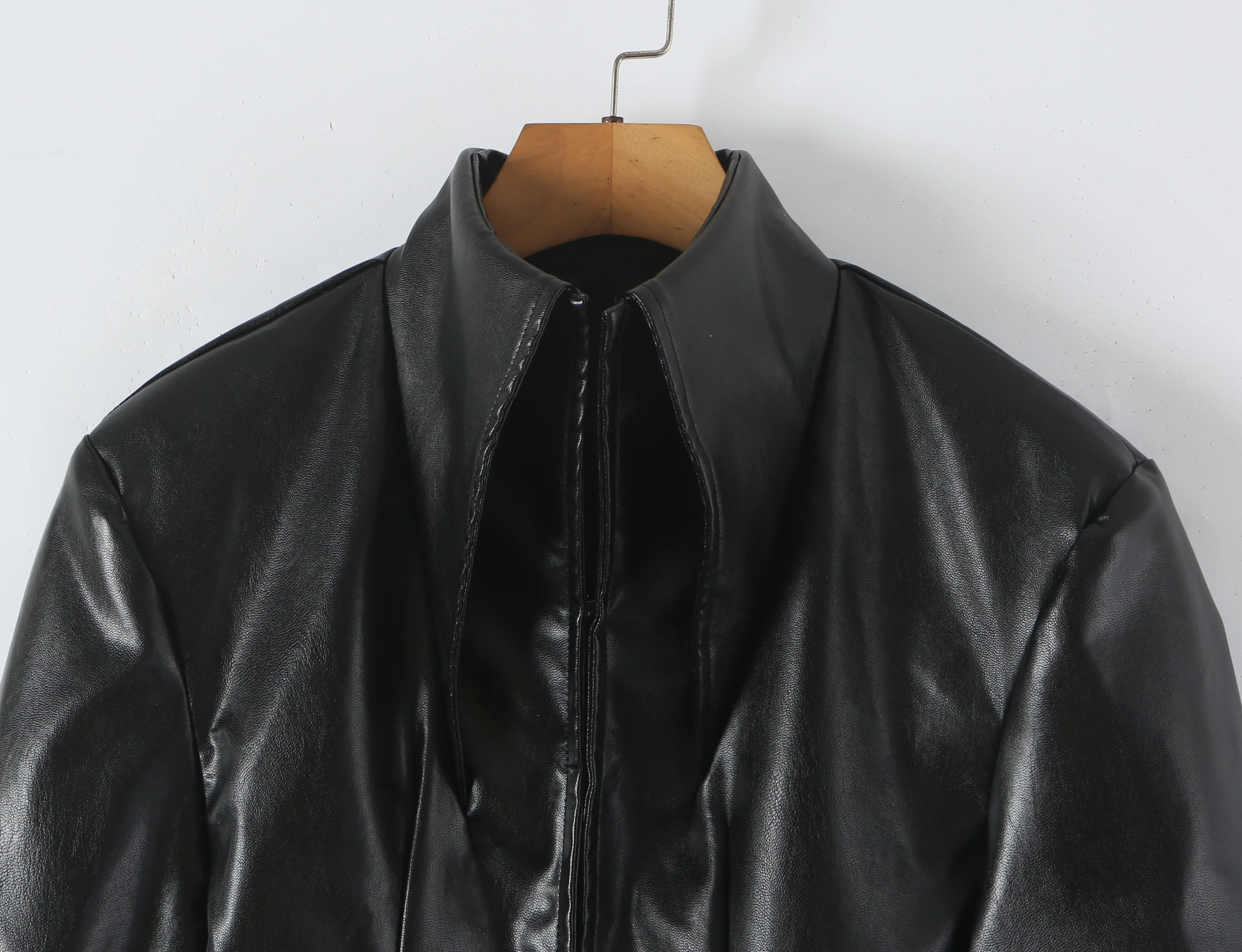 Autumn Women High Street Stand Collar Black PU Leather Blazer Slim Fit Front Hook Buttons Coat Outerwear