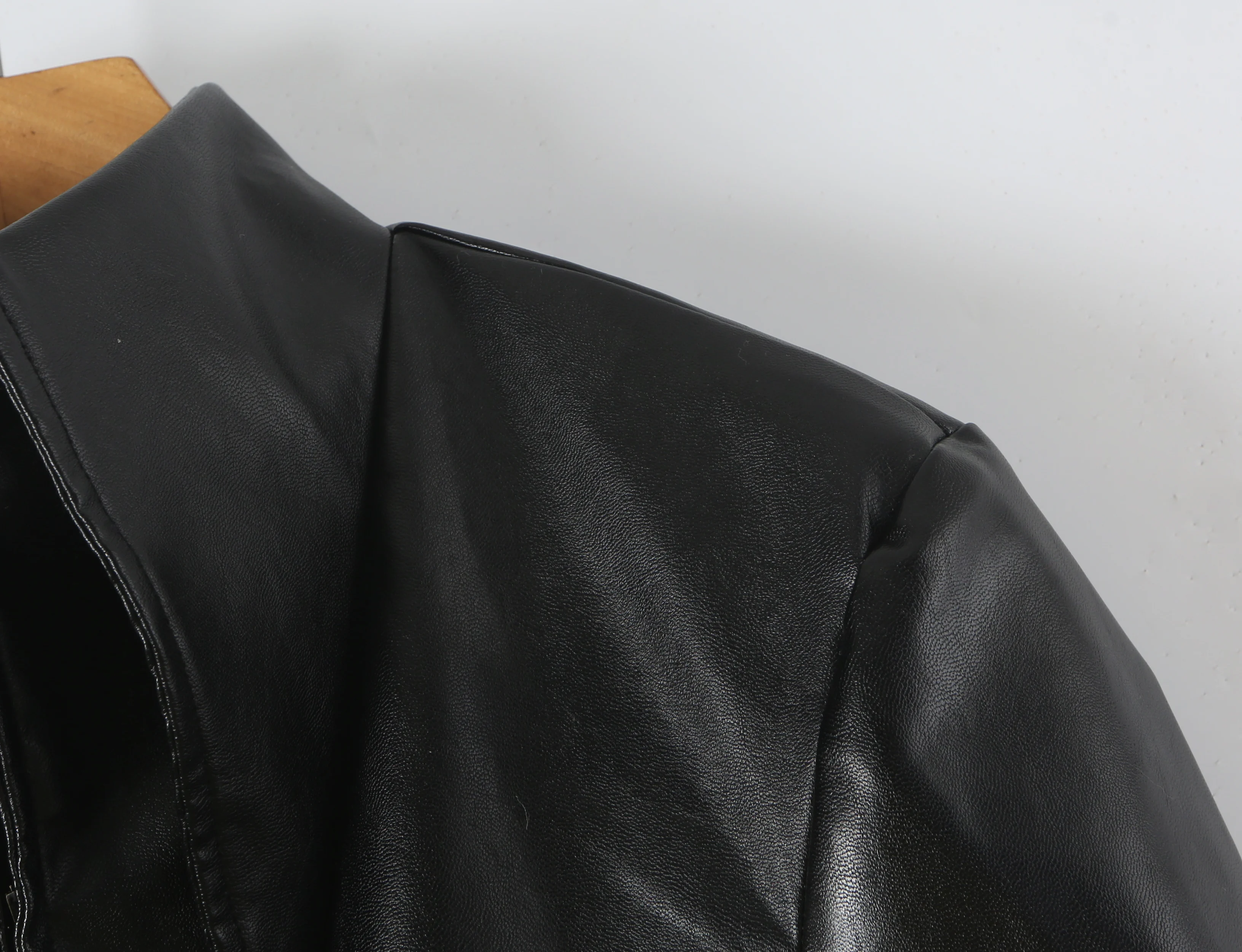 Autumn Women High Street Stand Collar Black PU Leather Blazer Slim Fit Front Hook Buttons Coat Outerwear