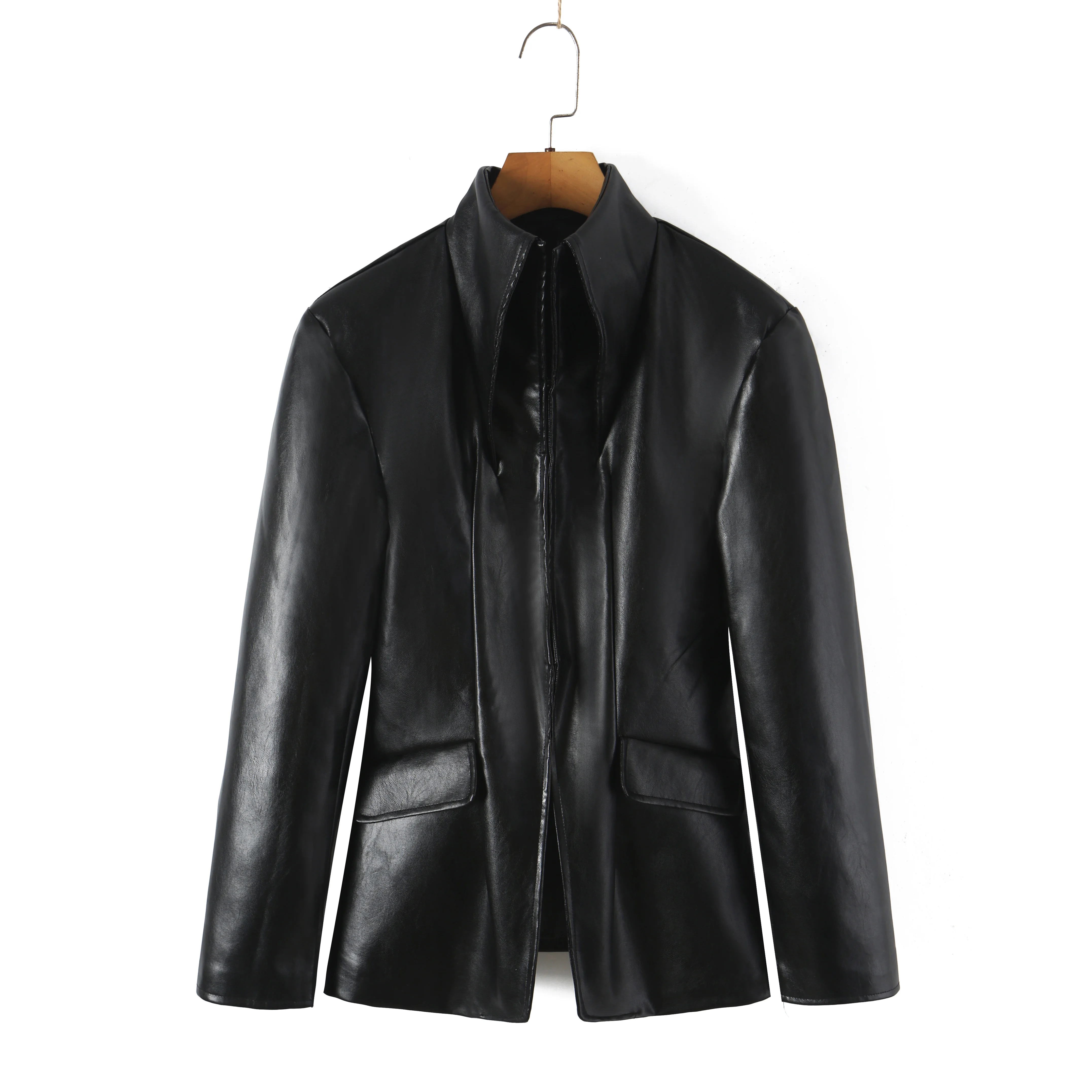Autumn Women High Street Stand Collar Black PU Leather Blazer Slim Fit Front Hook Buttons Coat Outerwear