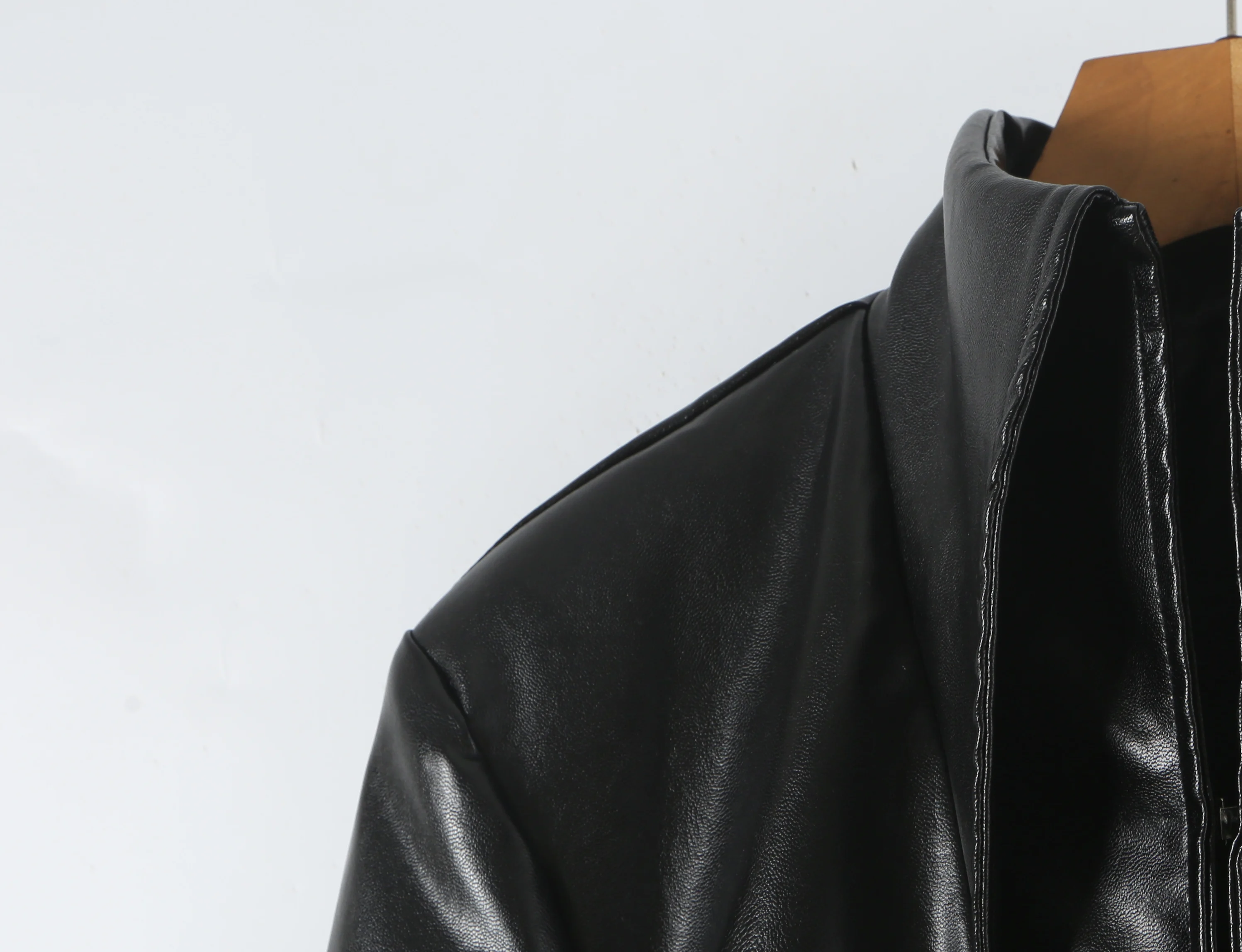 Autumn Women High Street Stand Collar Black PU Leather Blazer Slim Fit Front Hook Buttons Coat Outerwear