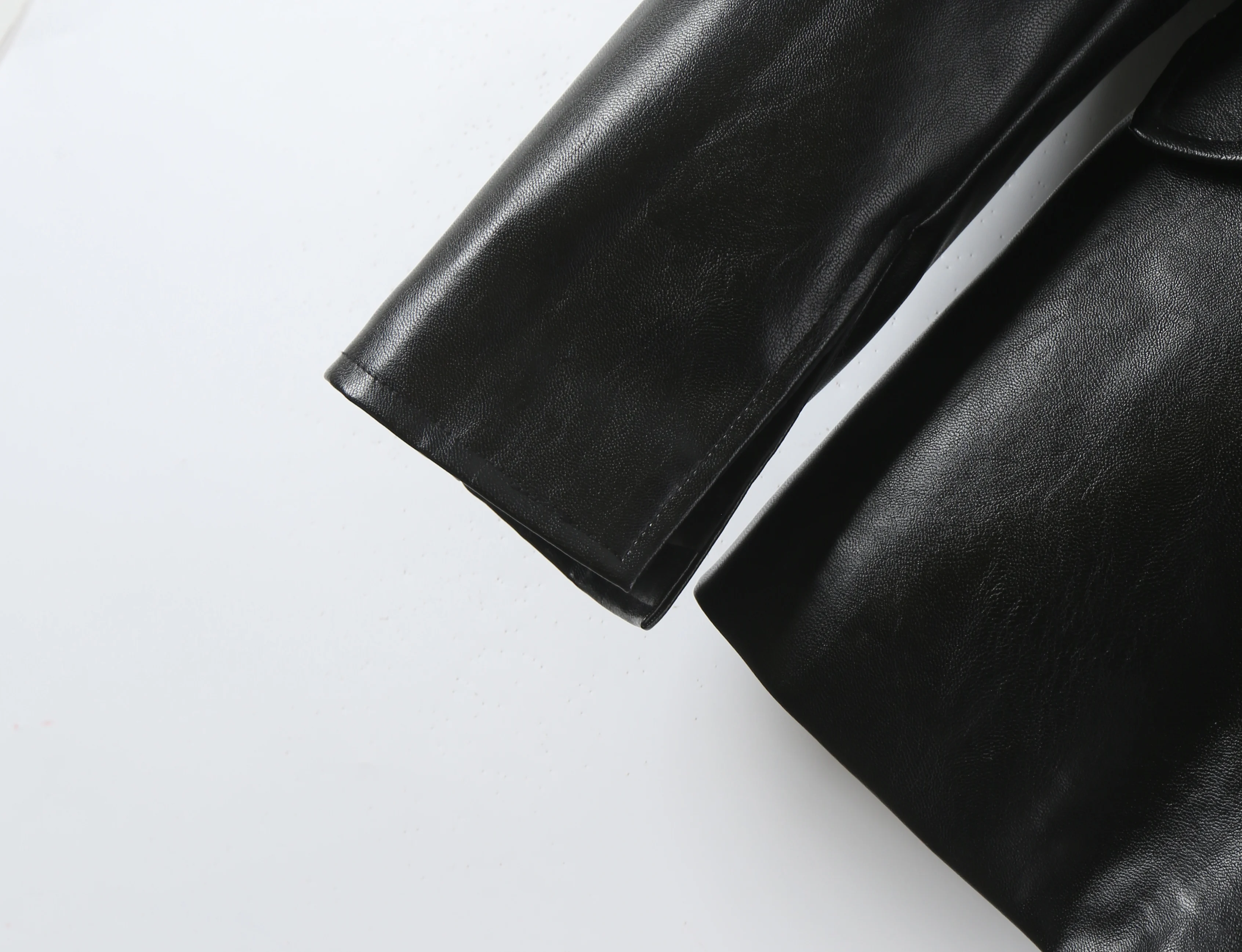 Autumn Women High Street Stand Collar Black PU Leather Blazer Slim Fit Front Hook Buttons Coat Outerwear