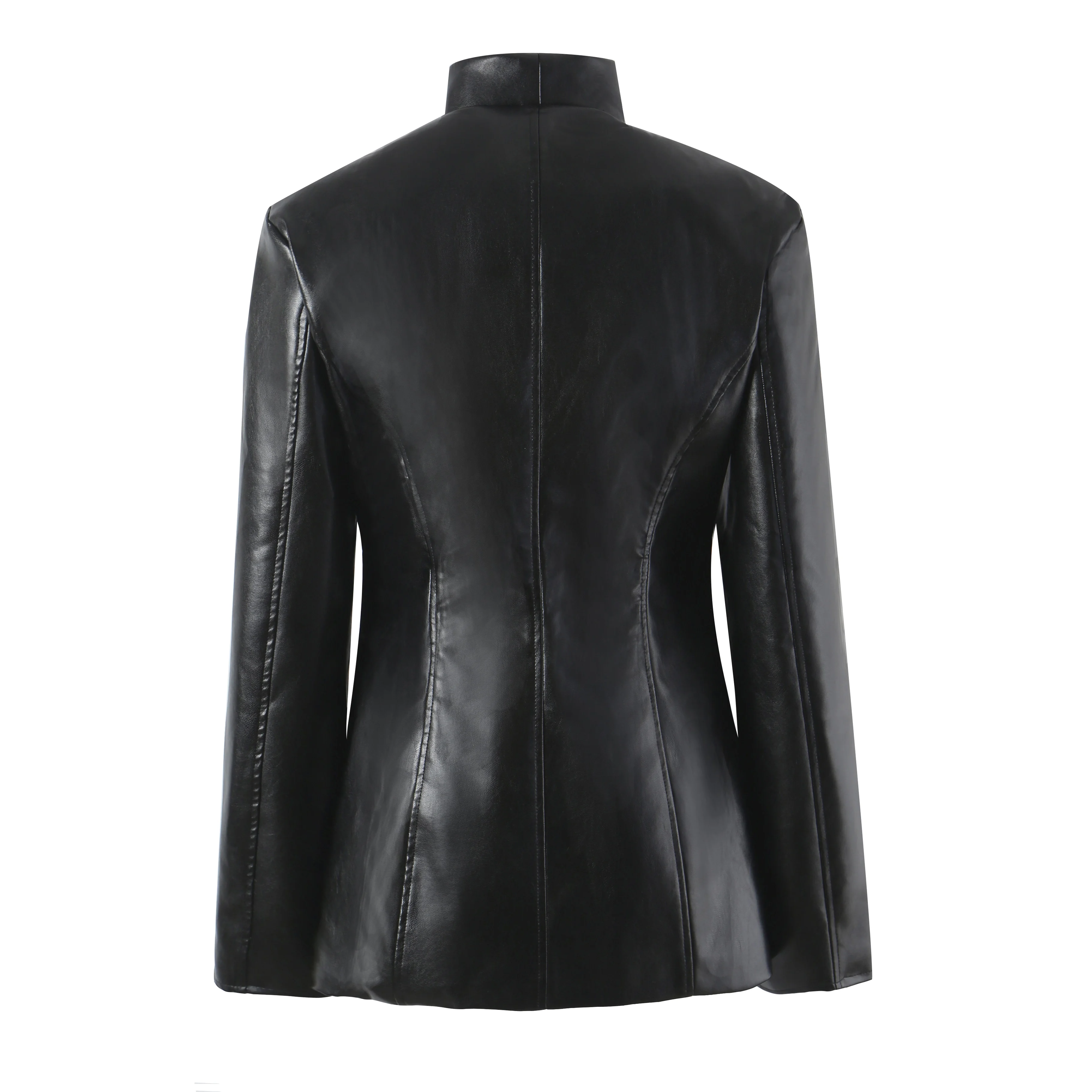 Autumn Women High Street Stand Collar Black PU Leather Blazer Slim Fit Front Hook Buttons Coat Outerwear