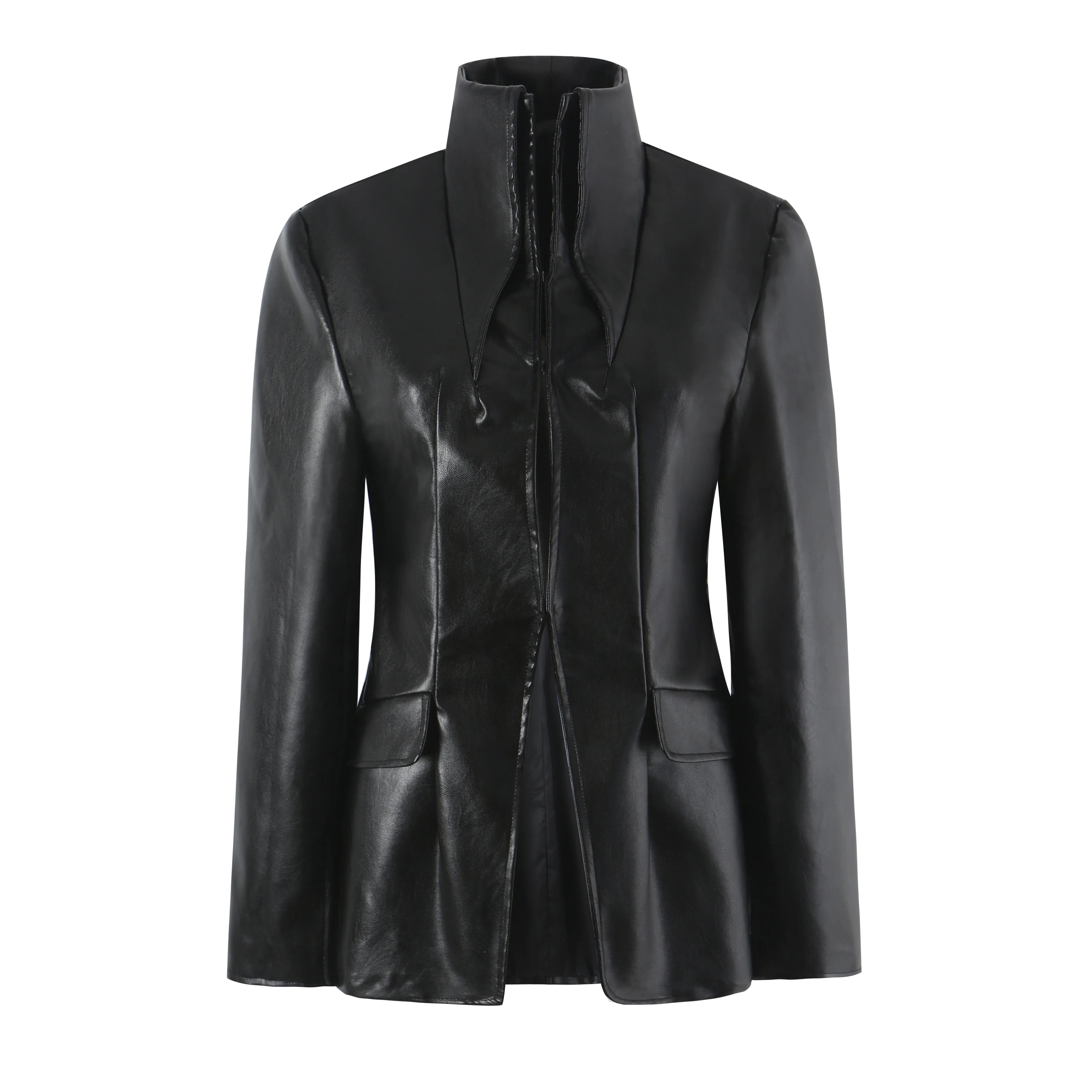 Autumn Women High Street Stand Collar Black PU Leather Blazer Slim Fit Front Hook Buttons Coat Outerwear