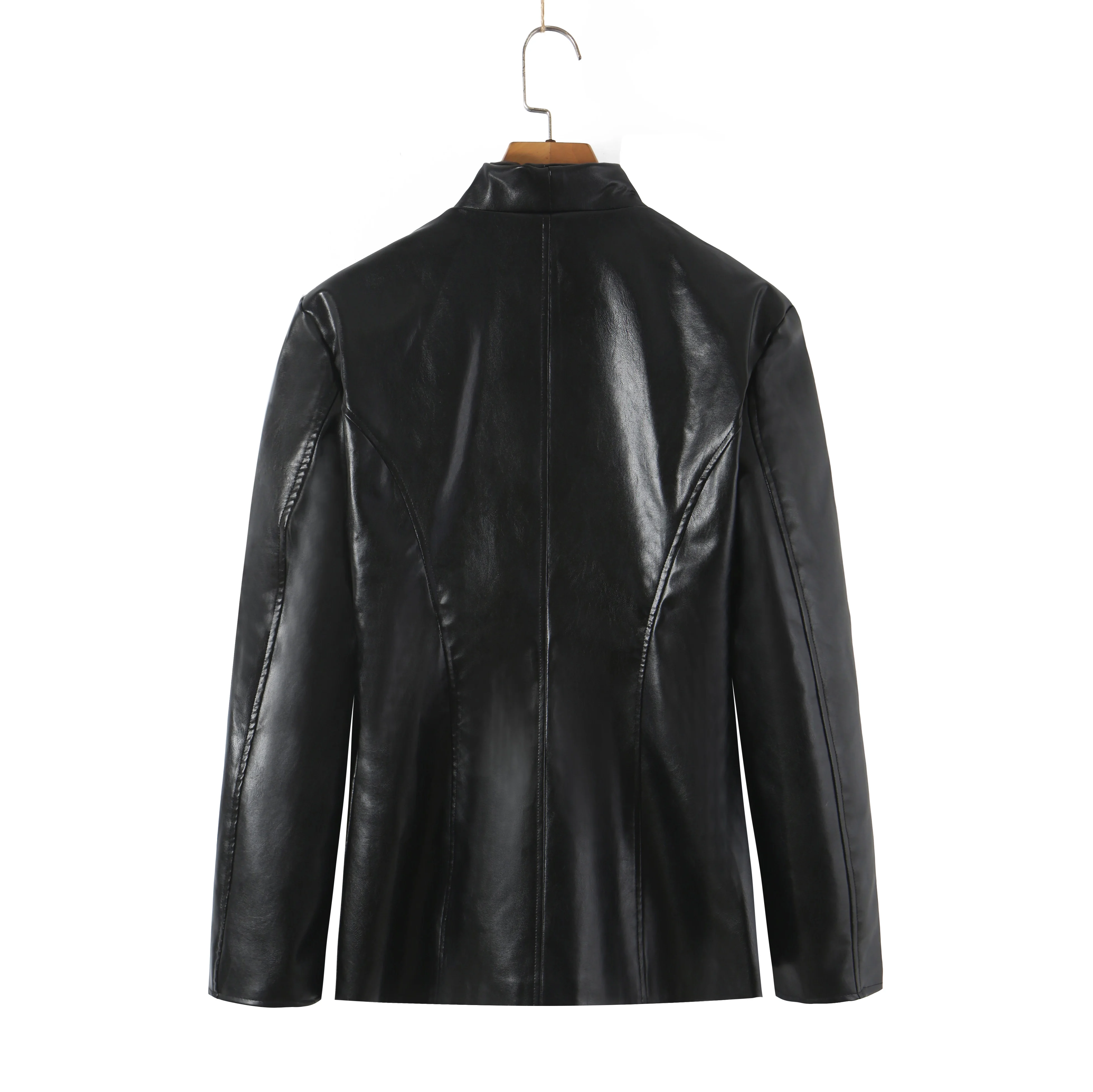 Autumn Women High Street Stand Collar Black PU Leather Blazer Slim Fit Front Hook Buttons Coat Outerwear