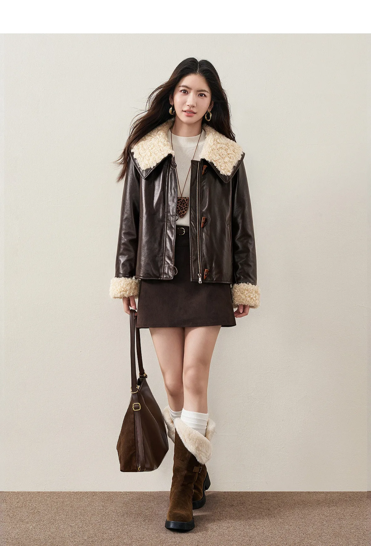 SENTUBILA Faux Fur Faux Leather Coat Women's Winter Wide 2026 Horn Buttons Loose Jacket Warm Vintage Plush Outerwear W64PD8069