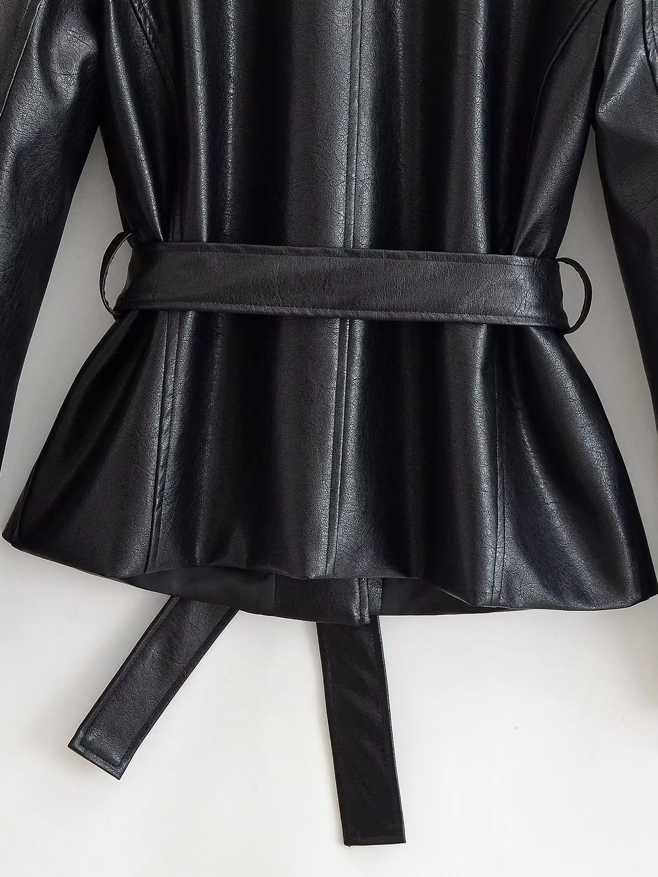 HH Women Belted Faux Leather Safari Jacket Stand Collar Single Breasted Slim Fit PU Coat For Spring Autumn Daily Wear