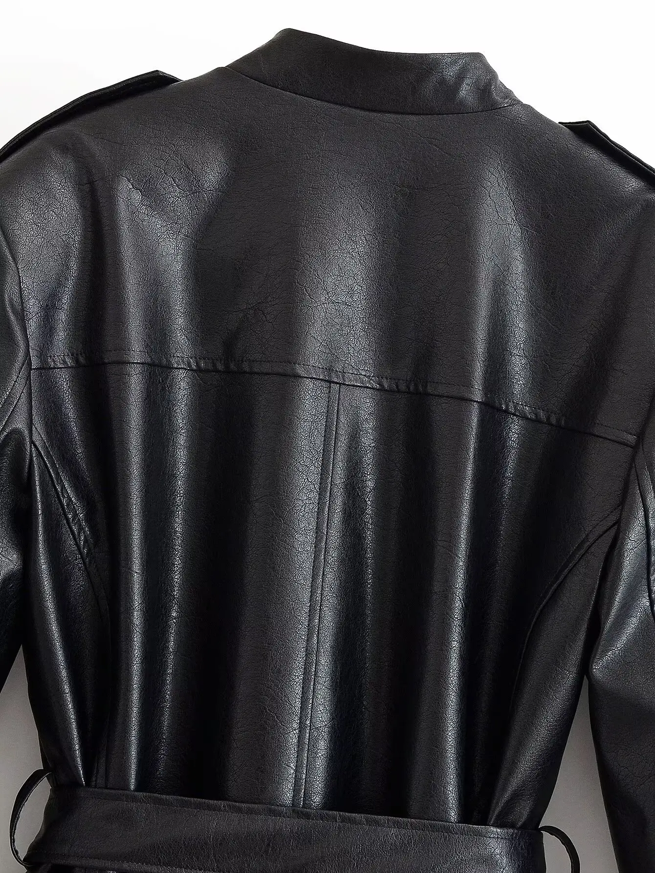 HH Women Belted Faux Leather Safari Jacket Stand Collar Single Breasted Slim Fit PU Coat For Spring Autumn Daily Wear