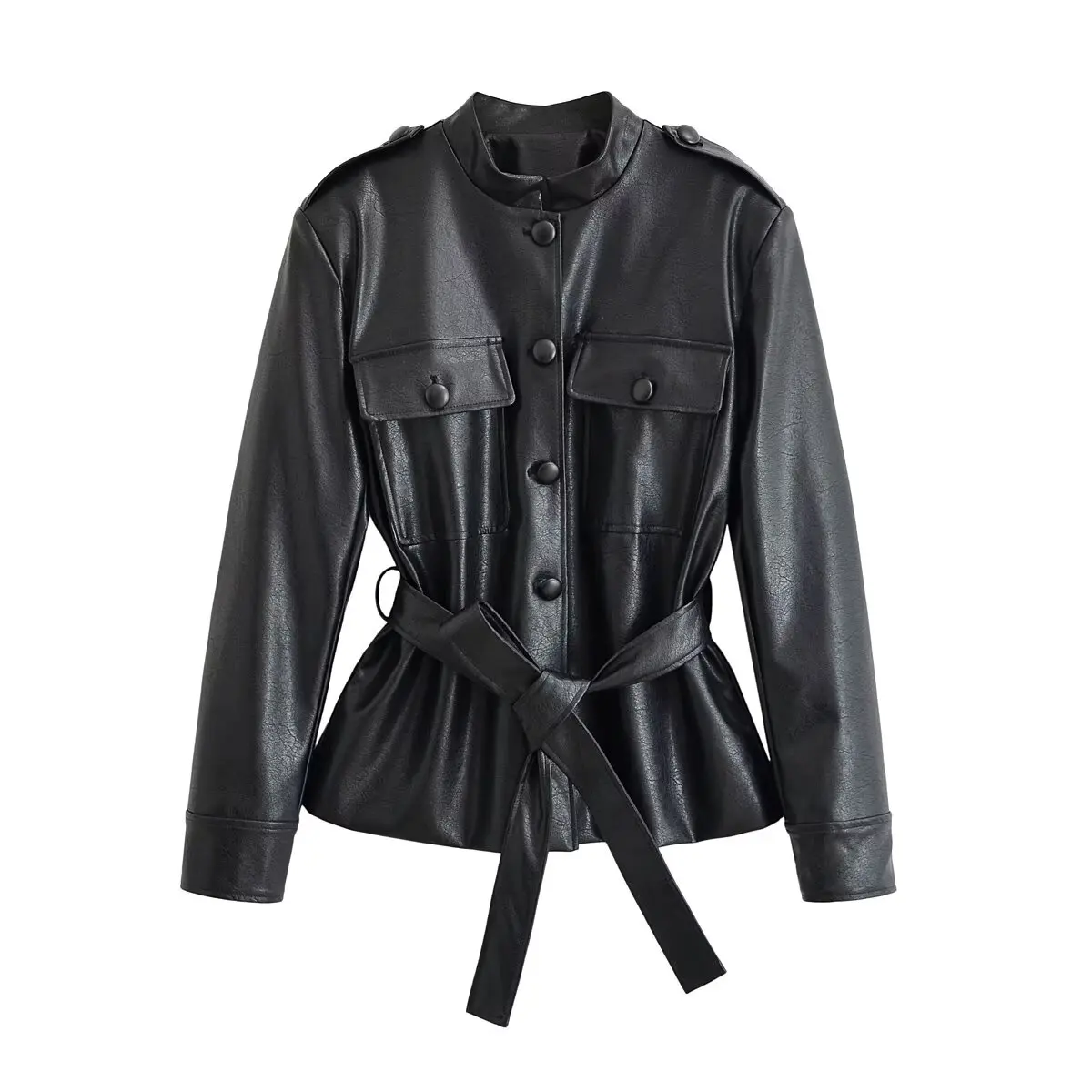 HH Women Belted Faux Leather Safari Jacket Stand Collar Single Breasted Slim Fit PU Coat For Spring Autumn Daily Wear
