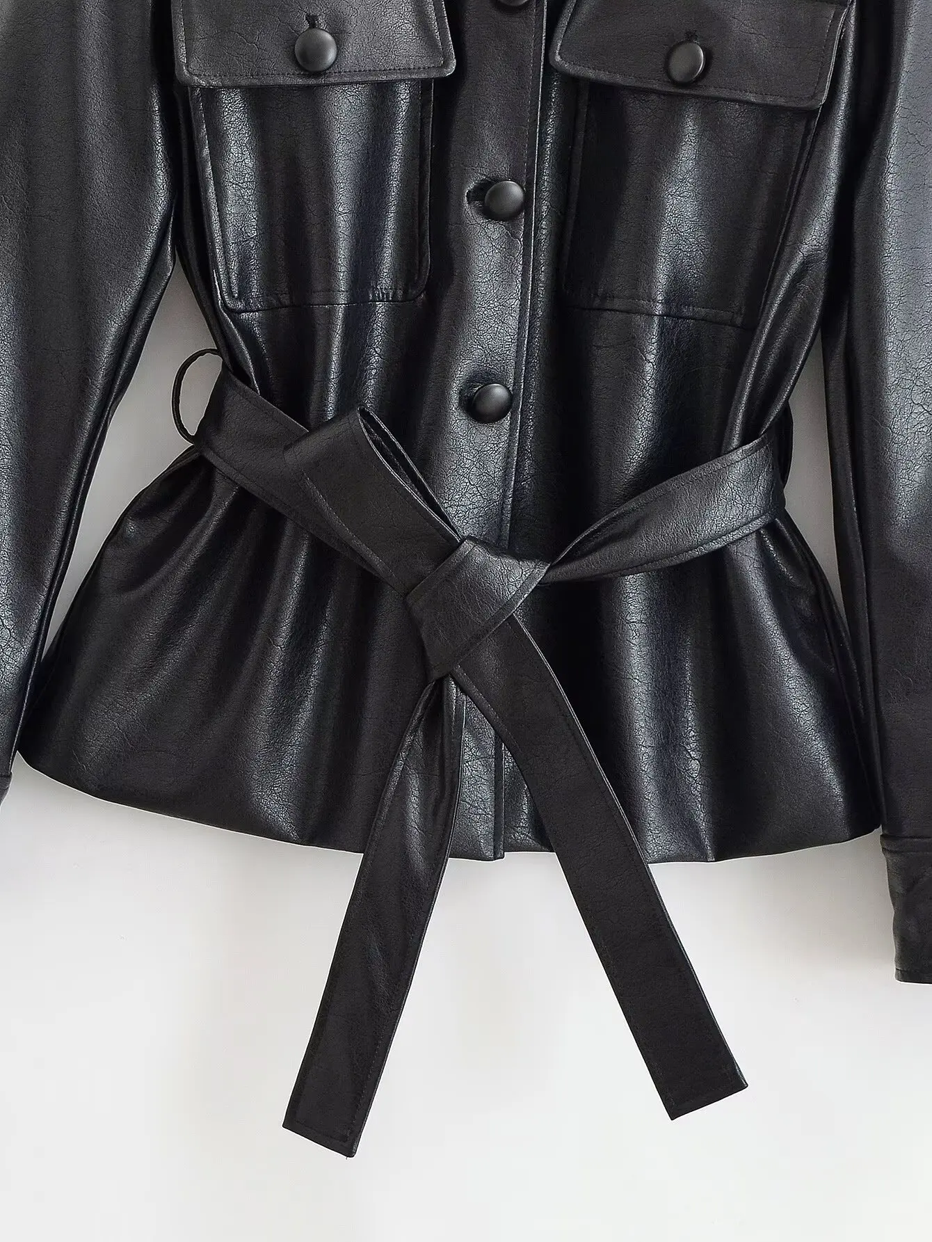 HH Women Belted Faux Leather Safari Jacket Stand Collar Single Breasted Slim Fit PU Coat For Spring Autumn Daily Wear