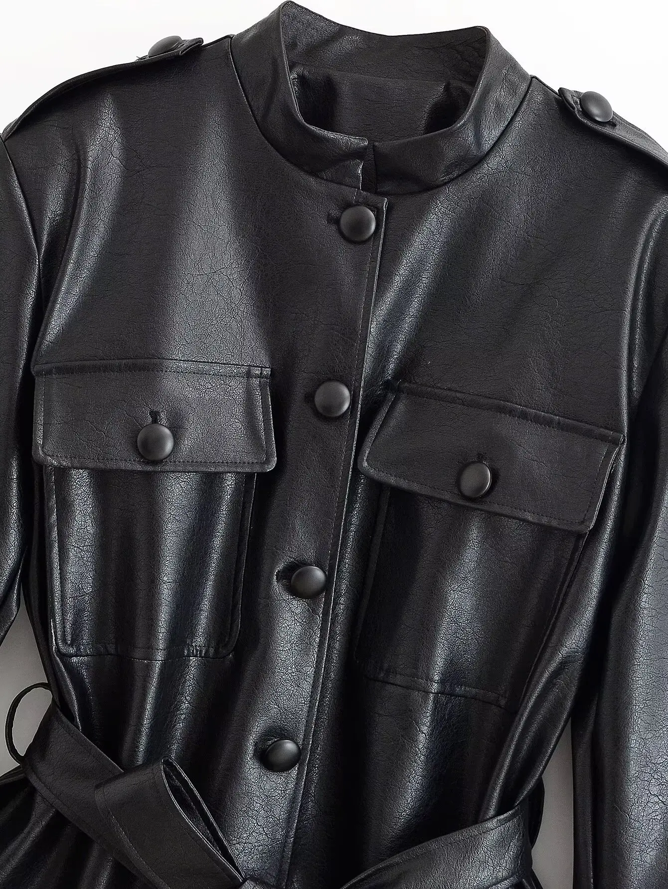 HH Women Belted Faux Leather Safari Jacket Stand Collar Single Breasted Slim Fit PU Coat For Spring Autumn Daily Wear