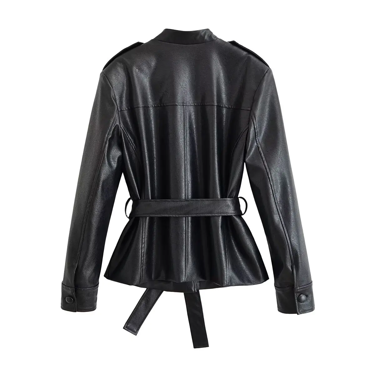 HH Women Belted Faux Leather Safari Jacket Stand Collar Single Breasted Slim Fit PU Coat For Spring Autumn Daily Wear