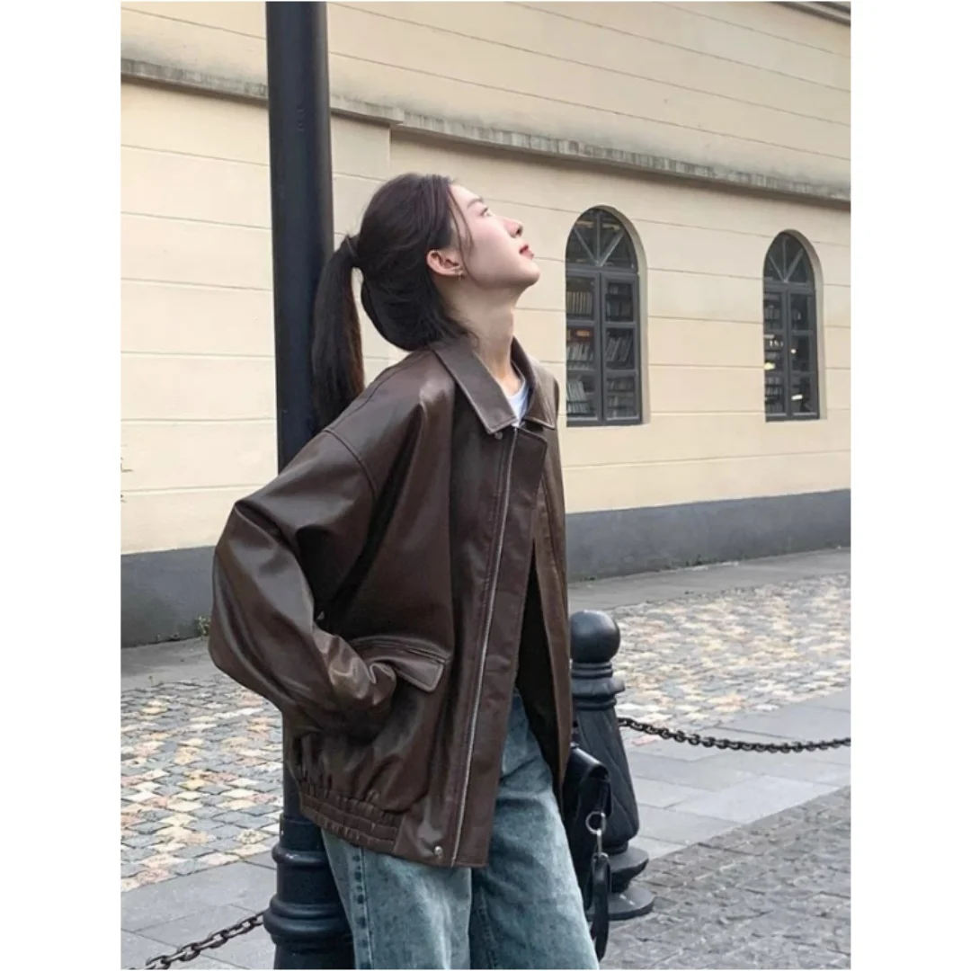 Vintage PU Leather Jacket Women High Street Techwear Moto Biker Coats BF Punk Loose Casual Cropped Outerwear Black Bomber Zipper