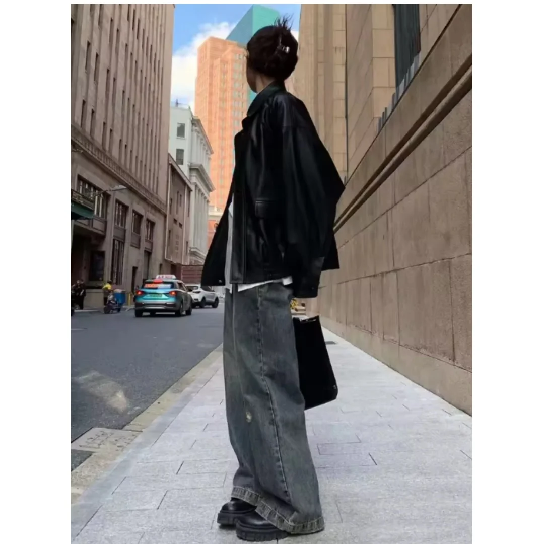 Vintage PU Leather Jacket Women High Street Techwear Moto Biker Coats BF Punk Loose Casual Cropped Outerwear Black Bomber Zipper