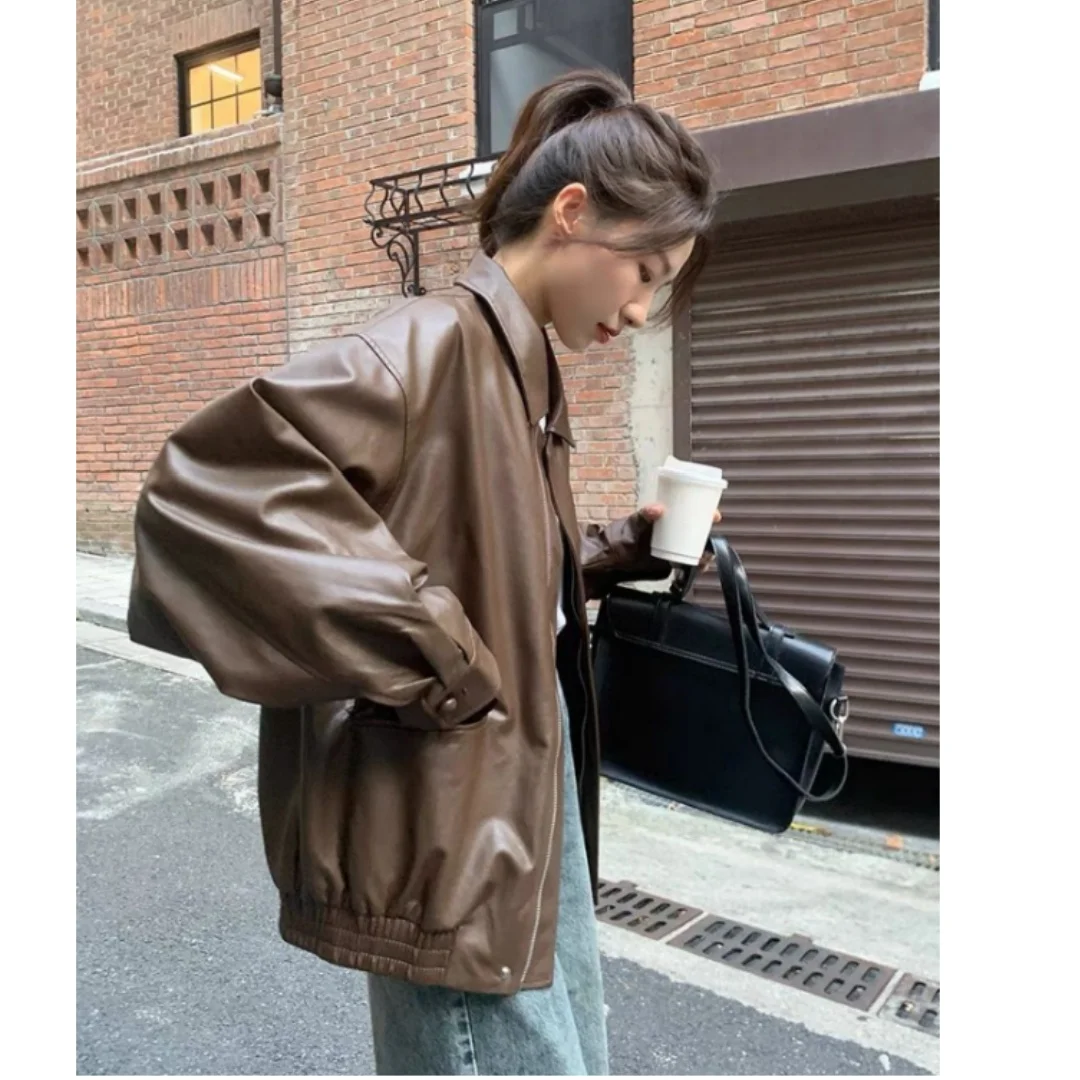 Vintage PU Leather Jacket Women High Street Techwear Moto Biker Coats BF Punk Loose Casual Cropped Outerwear Black Bomber Zipper