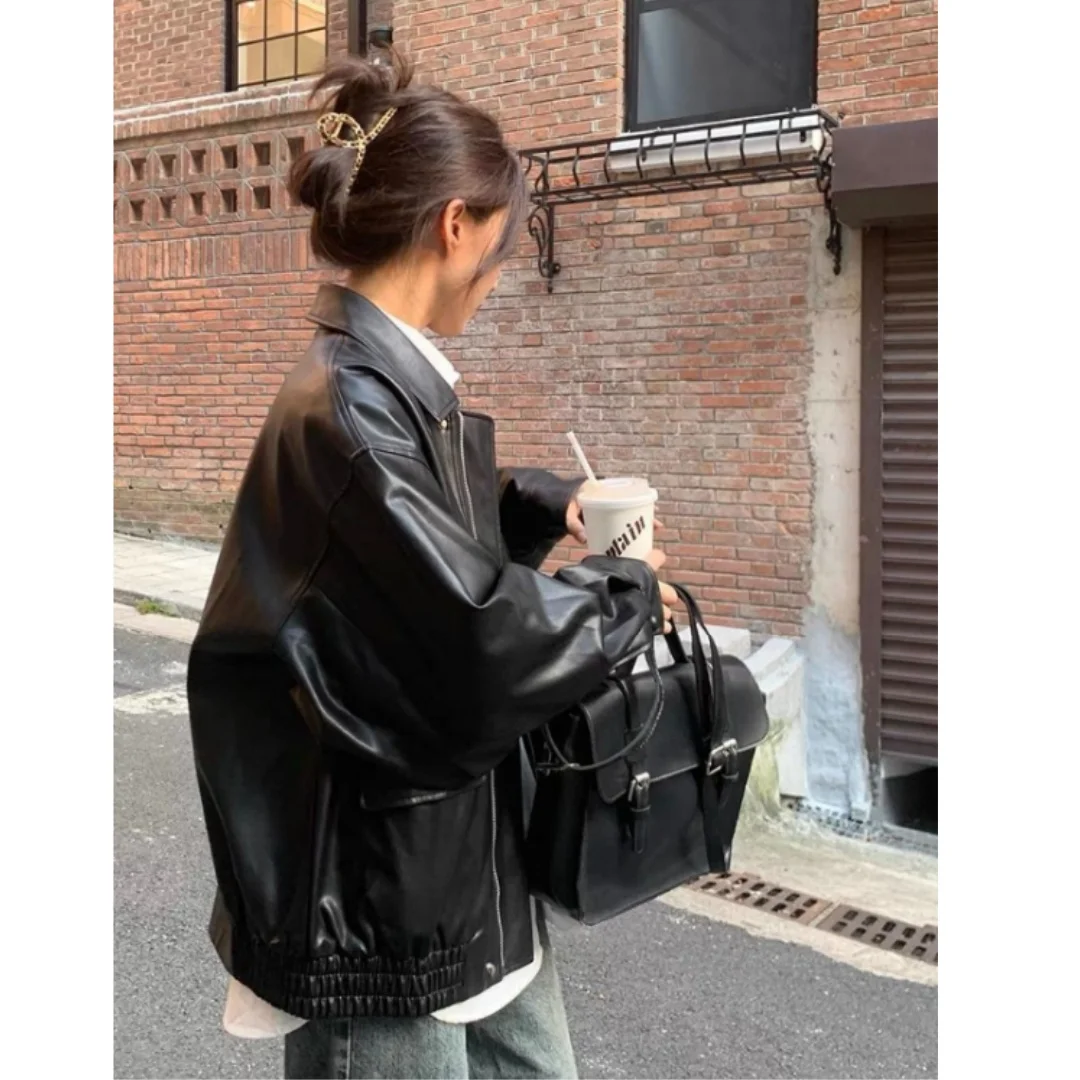 Vintage PU Leather Jacket Women High Street Techwear Moto Biker Coats BF Punk Loose Casual Cropped Outerwear Black Bomber Zipper