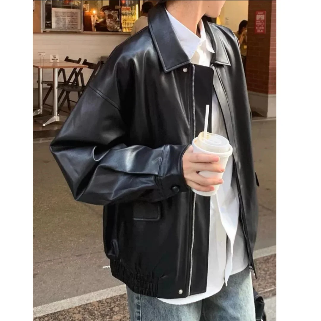 Vintage PU Leather Jacket Women High Street Techwear Moto Biker Coats BF Punk Loose Casual Cropped Outerwear Black Bomber Zipper