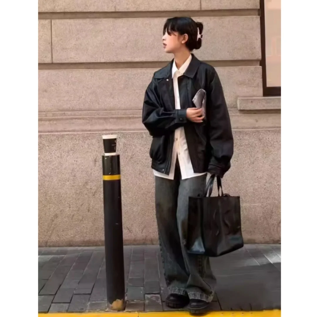 Vintage PU Leather Jacket Women High Street Techwear Moto Biker Coats BF Punk Loose Casual Cropped Outerwear Black Bomber Zipper