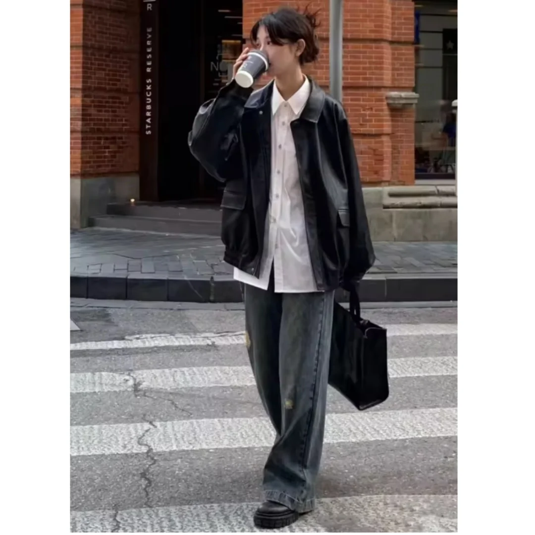 Vintage PU Leather Jacket Women High Street Techwear Moto Biker Coats BF Punk Loose Casual Cropped Outerwear Black Bomber Zipper