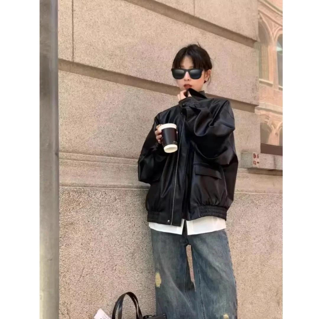 Vintage PU Leather Jacket Women High Street Techwear Moto Biker Coats BF Punk Loose Casual Cropped Outerwear Black Bomber Zipper