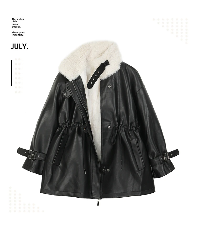 Mauroicardi Autumn Winter Loose Thickened Warm Black Pu Leather Jacket Women with Faux Fur Inside and Collar Furry Parka 2025
