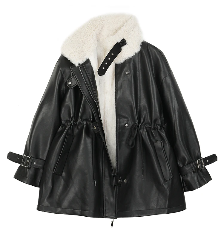 Mauroicardi Autumn Winter Loose Thickened Warm Black Pu Leather Jacket Women with Faux Fur Inside and Collar Furry Parka 2025