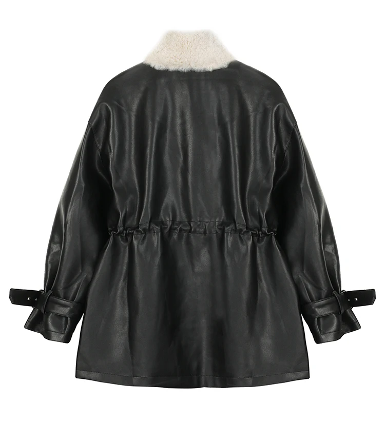 Mauroicardi Autumn Winter Loose Thickened Warm Black Pu Leather Jacket Women with Faux Fur Inside and Collar Furry Parka 2025
