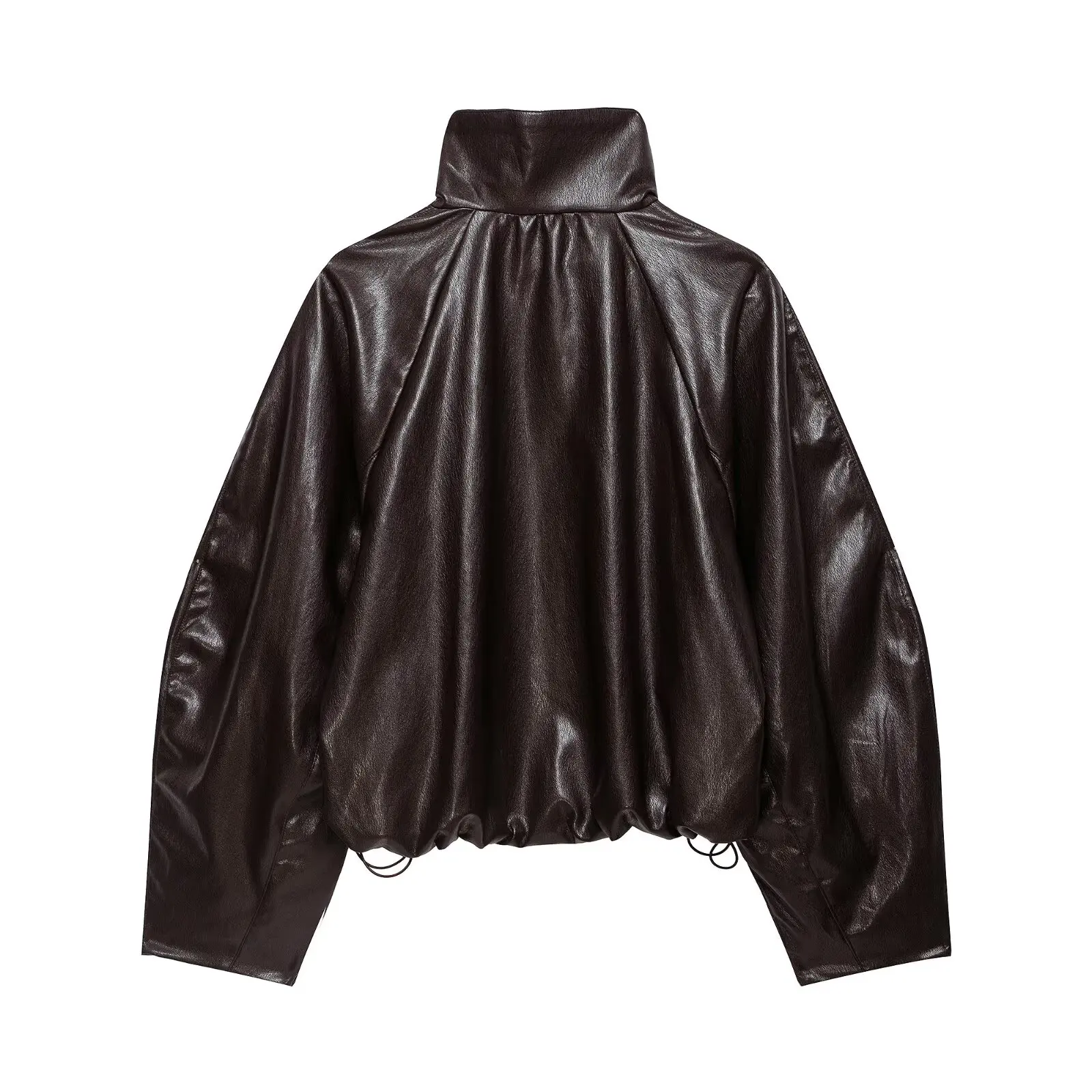 TFAFXY Women Short Jacket High Neck Zipper Long Sleeve Solid Lmitation Leather Effect Bomber Coat 2026 Autumn Casual Outwear