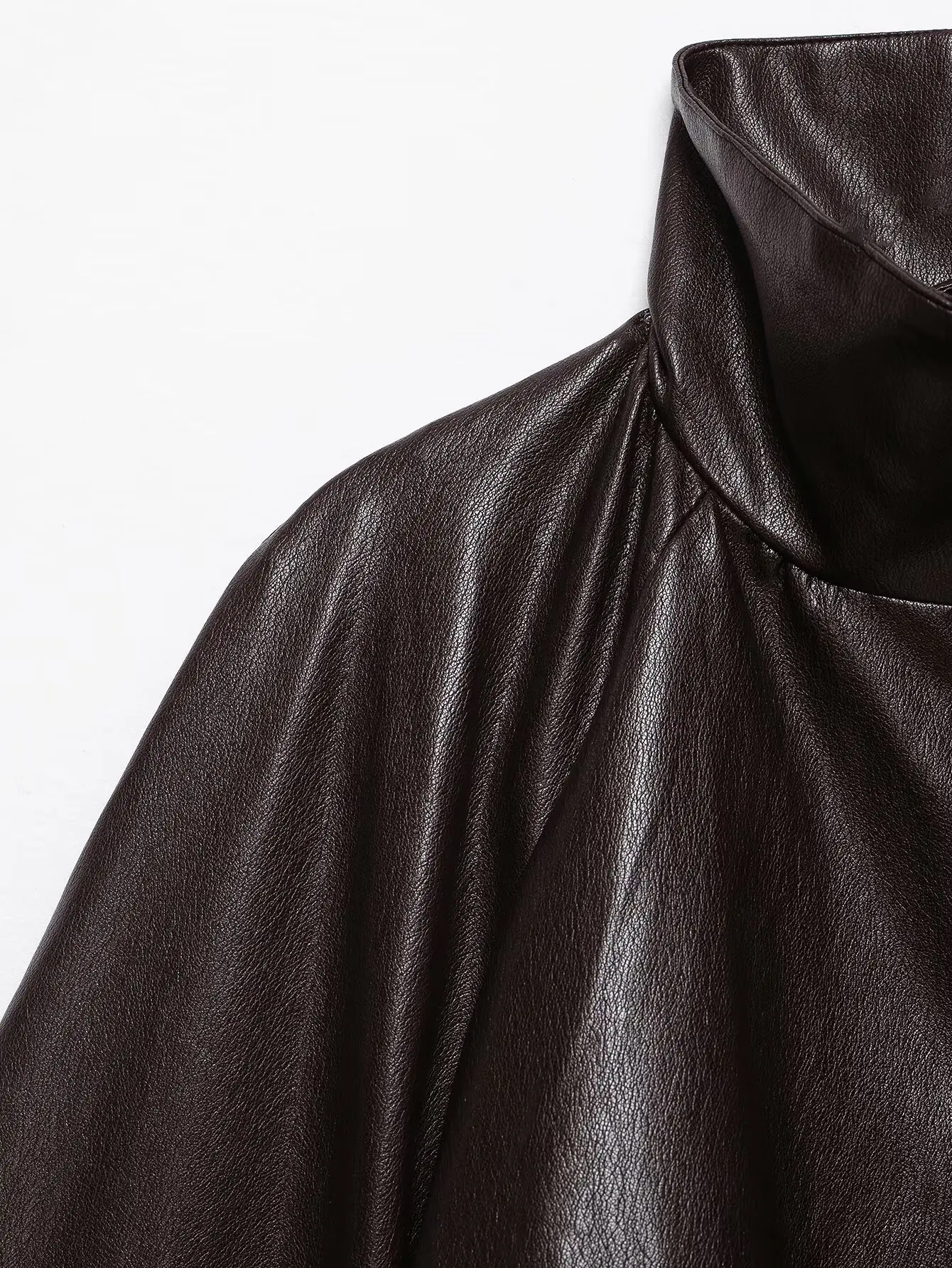 TFAFXY Women Short Jacket High Neck Zipper Long Sleeve Solid Lmitation Leather Effect Bomber Coat 2026 Autumn Casual Outwear