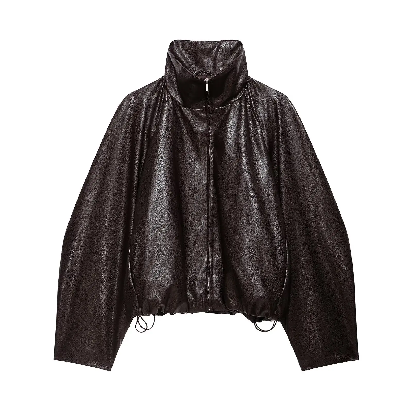 TFAFXY Women Short Jacket High Neck Zipper Long Sleeve Solid Lmitation Leather Effect Bomber Coat 2026 Autumn Casual Outwear