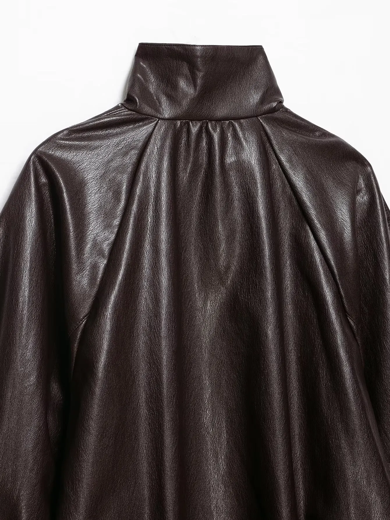 TFAFXY Women Short Jacket High Neck Zipper Long Sleeve Solid Lmitation Leather Effect Bomber Coat 2026 Autumn Casual Outwear
