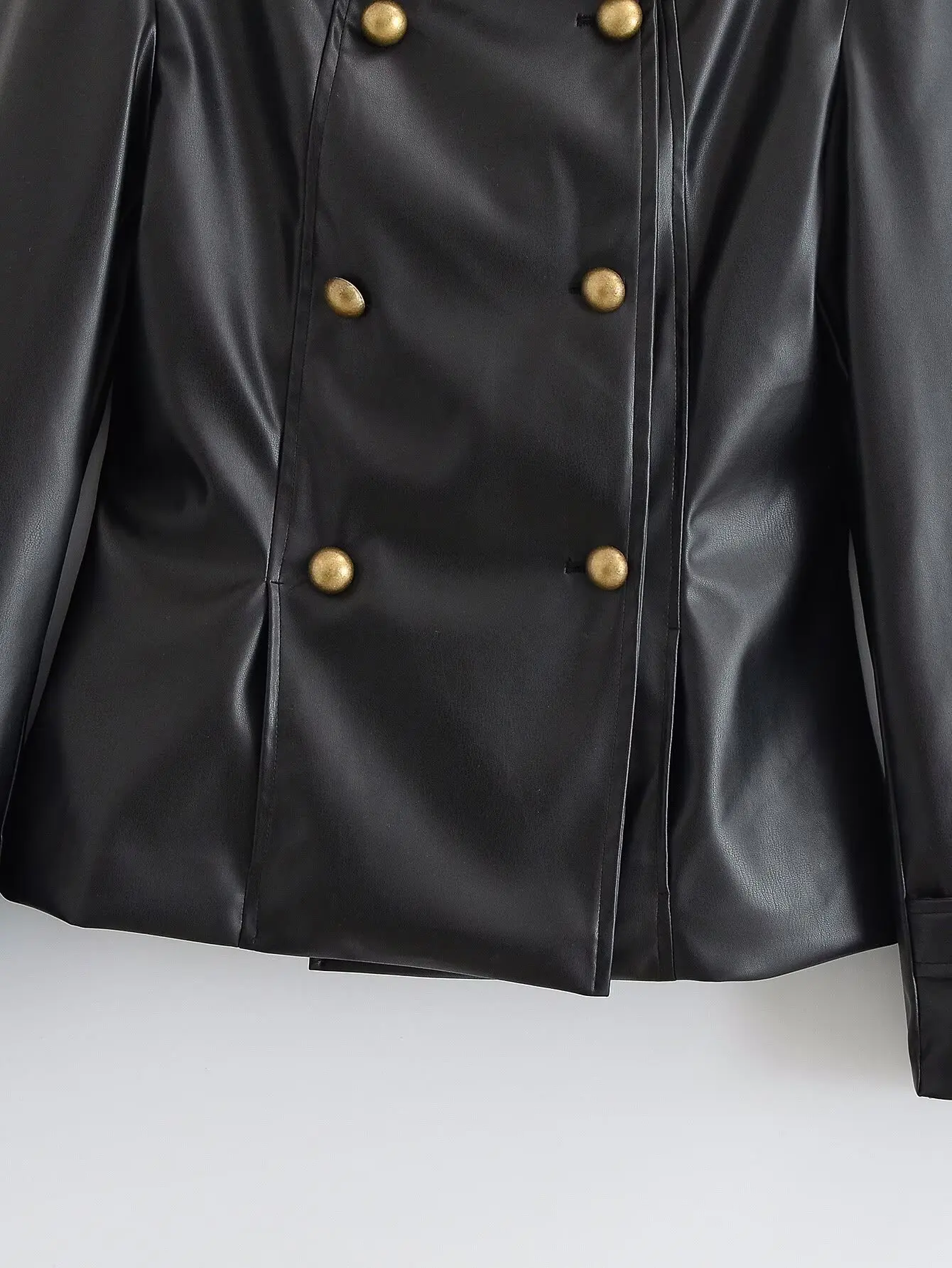 TFMLN Autumn Women Faux Leather Jacket Slim Double Breasted Stand Collar Long Sleeve Short PU Coat Vintage Casual Outerwear